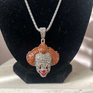 Iced Out Clown Pendant Necklace – Pennywise Inspired – Orange & Silver CZ – Rope